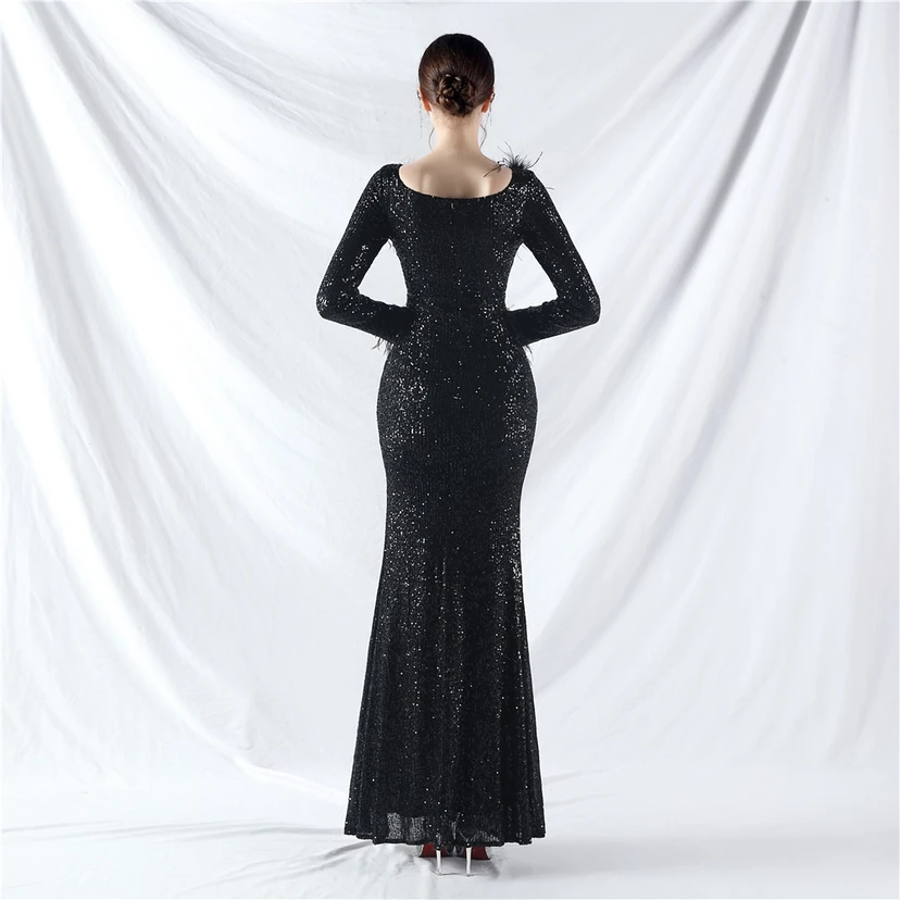 Craft-Made Ostrich Feather Long-Sleeved Beads Evening Dress view 17