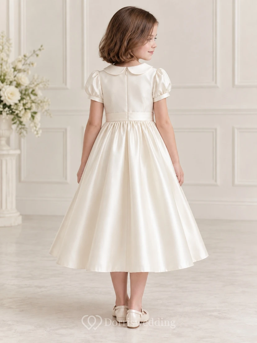 Tea-length Vintage Simple Ivory A-line Satin Collared Puff-sleeve Flower Girl Dress view 2