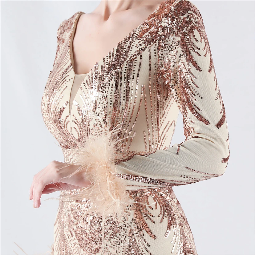 Robe de soirée haut de gamme ornée de perles florales fixes et de poils d'autruche, hôte de la réunion annuelle d'hiver view 63