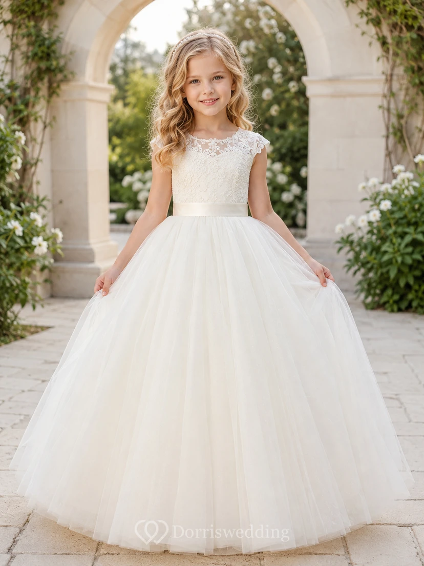 Vestido de gala romántico de tul con mangas cortas de encaje, largo hasta el suelo, para niña de las flores, para boda en el jardín.