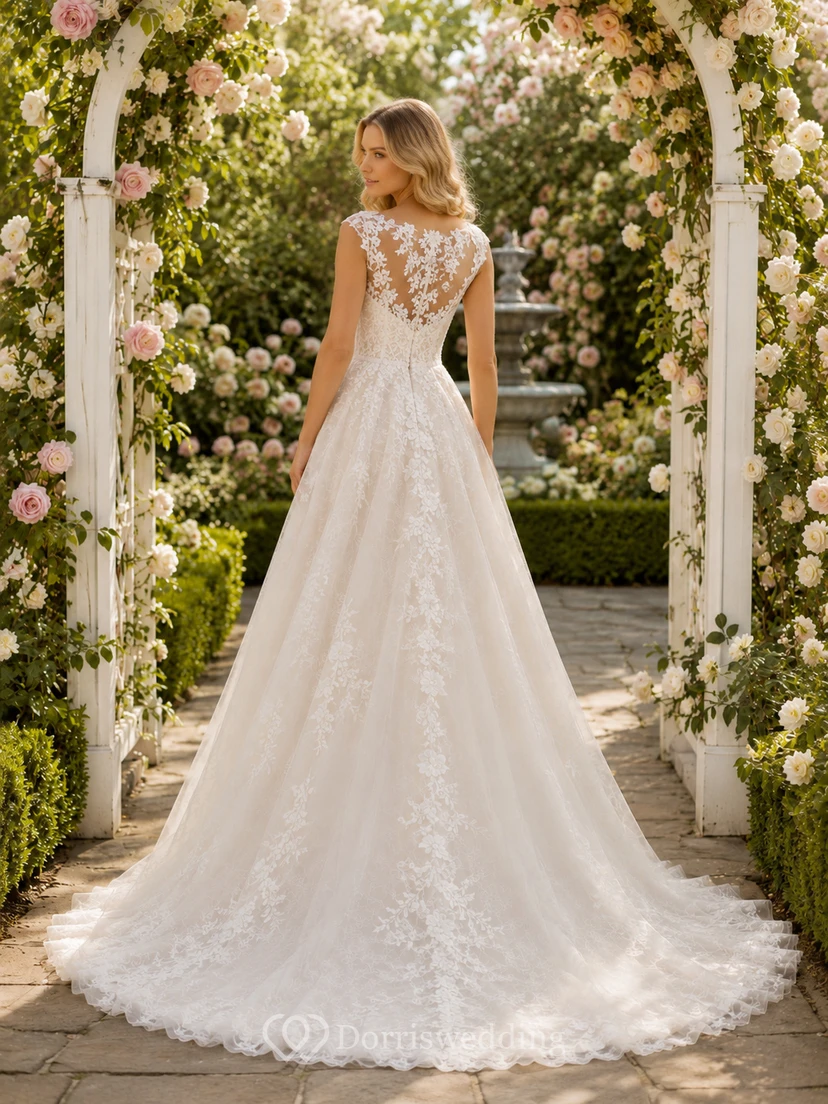 Romantisches A-Linien-Hochzeitskleid aus Spitze mit Spaghettiträgern – romantisches Kleid für eine Gartenhochzeit view 2