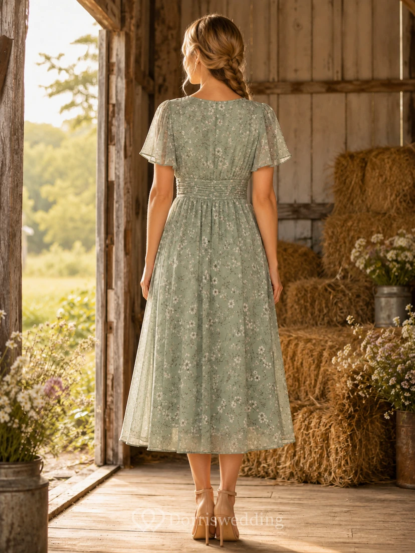 Rustic Barn Sage Lace V-Neck A-Line Tea-Length Short Sleeve Guest Dress view 2