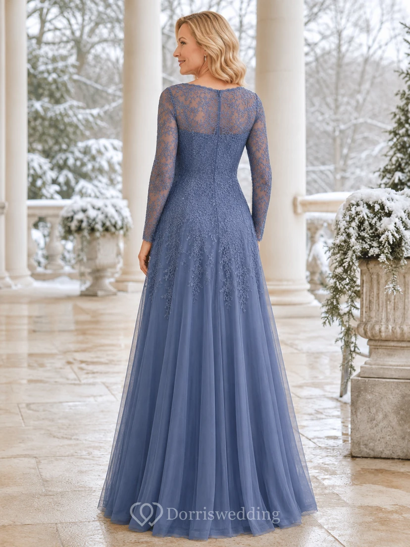Stahlblaues, schlichtes, langärmeliges A-Linien-Kleid mit Illusionsspitze in Bodenlänge – ideal für die Mutter der Braut im Winter view 2