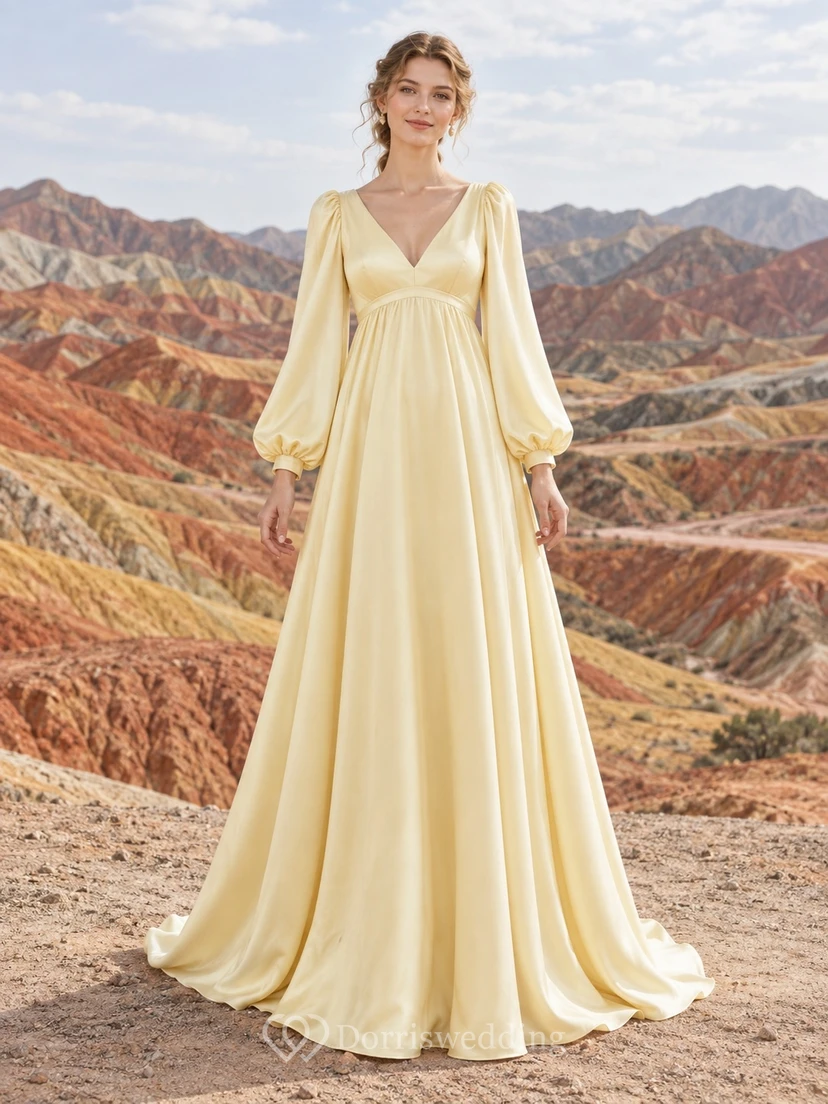 Vestido de novia sencillo de satén con escote en V y mangas largas estilo imperio, color narciso.