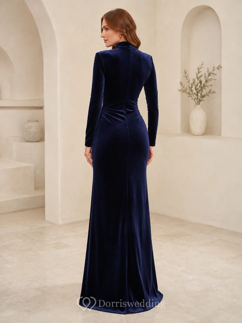 Ink Navy Evening Velvety Sheath High Neck Velvet Long Sleeve Floor-length Sexy Dress view 2