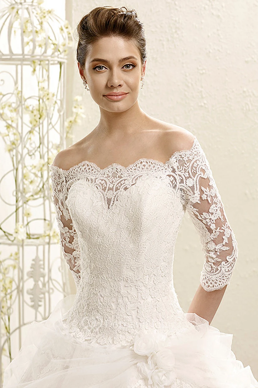 Ball Gown Appliqued Off-The-Shoulder Half-Sleeve Tulle Wedding Dress With Ruffles view 3