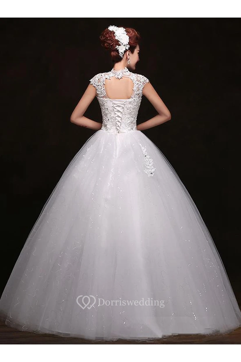Gorgeous High Neck Cap Sleeve Wedding Dresses Ball Gown With Lace Appliques view 2