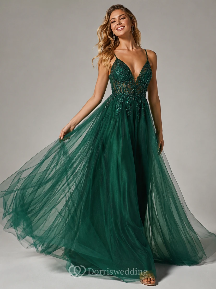 Casual Spaghetti Empire Tulle Pleated Prom Dress with Beaded Top view 3
