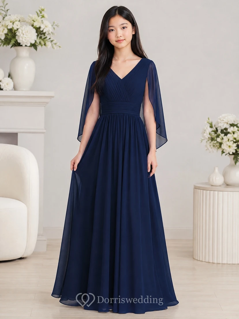 Dunkelblaues Brautjungfernkleid für junge Damen, A-Linie, V-Ausschnitt, 3/4-Ärmel, geraffte Blütenblätter, romantisch