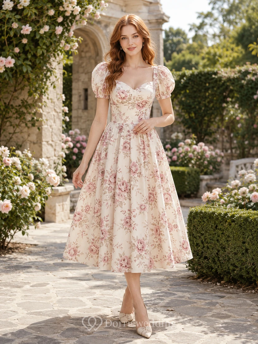 Vintage Rose Print Puff Sleeve Tea Length Dress