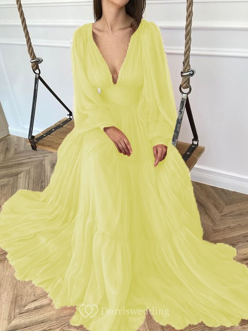 Sexy V-neck Puff Long Sleeve Chiffon Layered Empire Dress view 18
