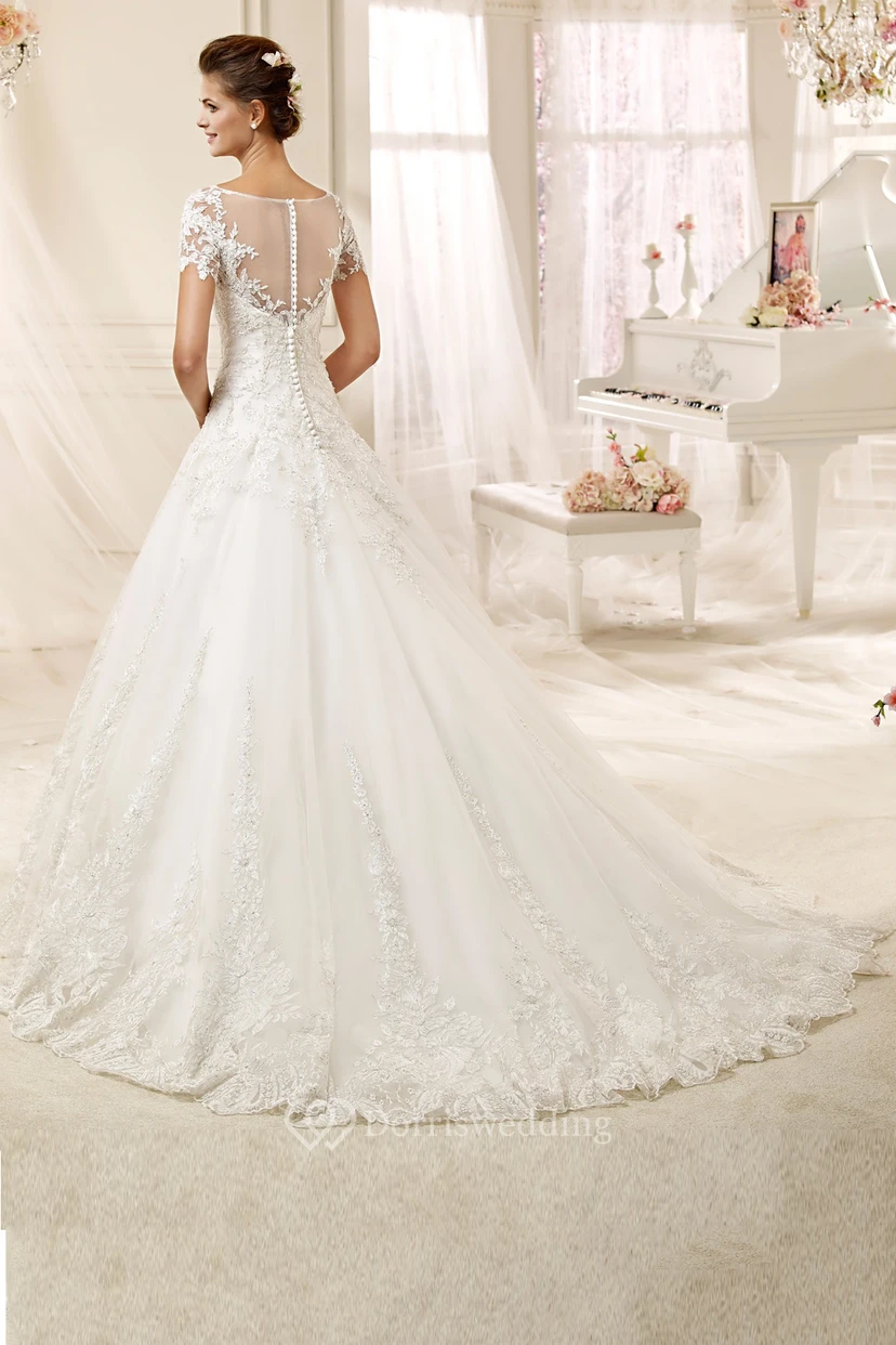 Jewel-neck A-line Wedding Dress with illusive Design and Brush Train view 2