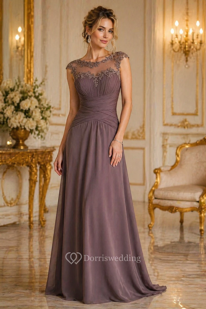 Cap-sleeved A-line Gown with Appliques and Criss-cross Ruching