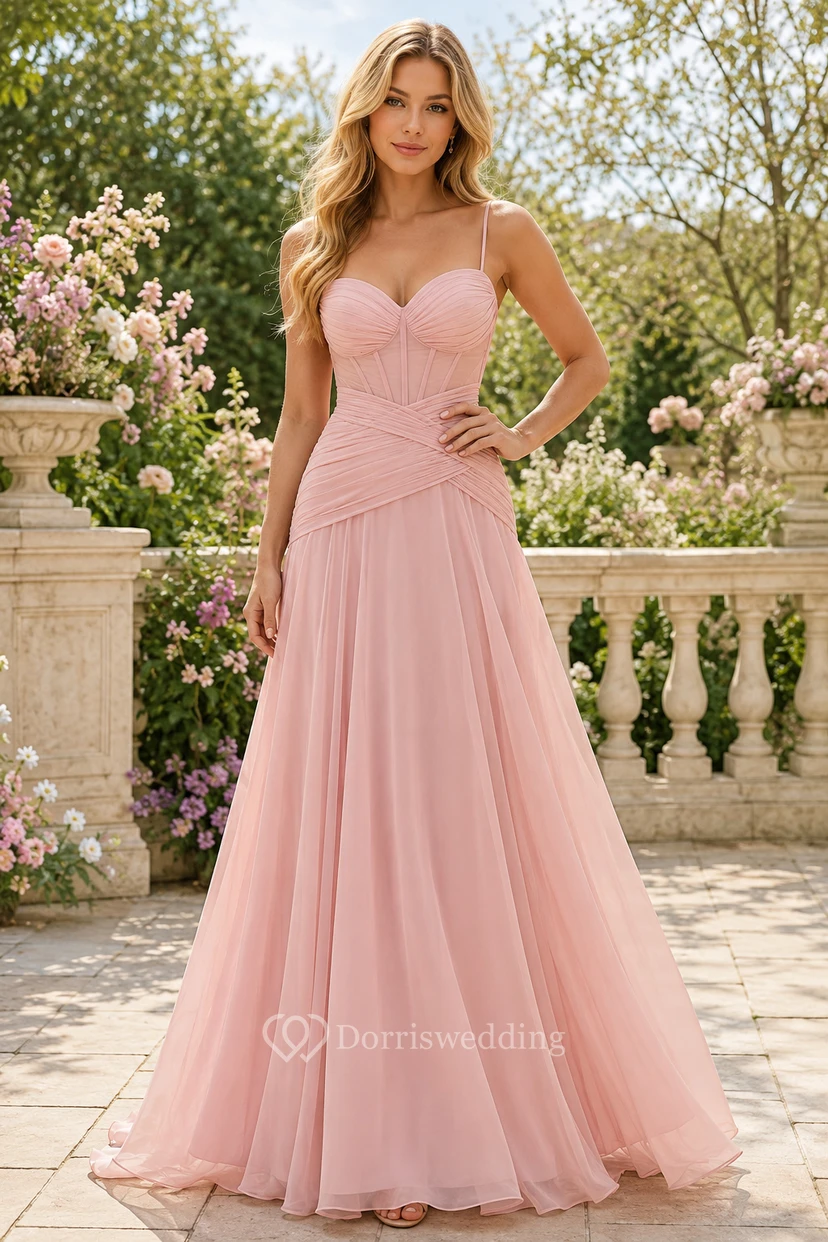 Plus Size Brautjungfernkleid aus zartrosa Chiffon in A-Linie mit Herzausschnitt und gerafftem Oberteil