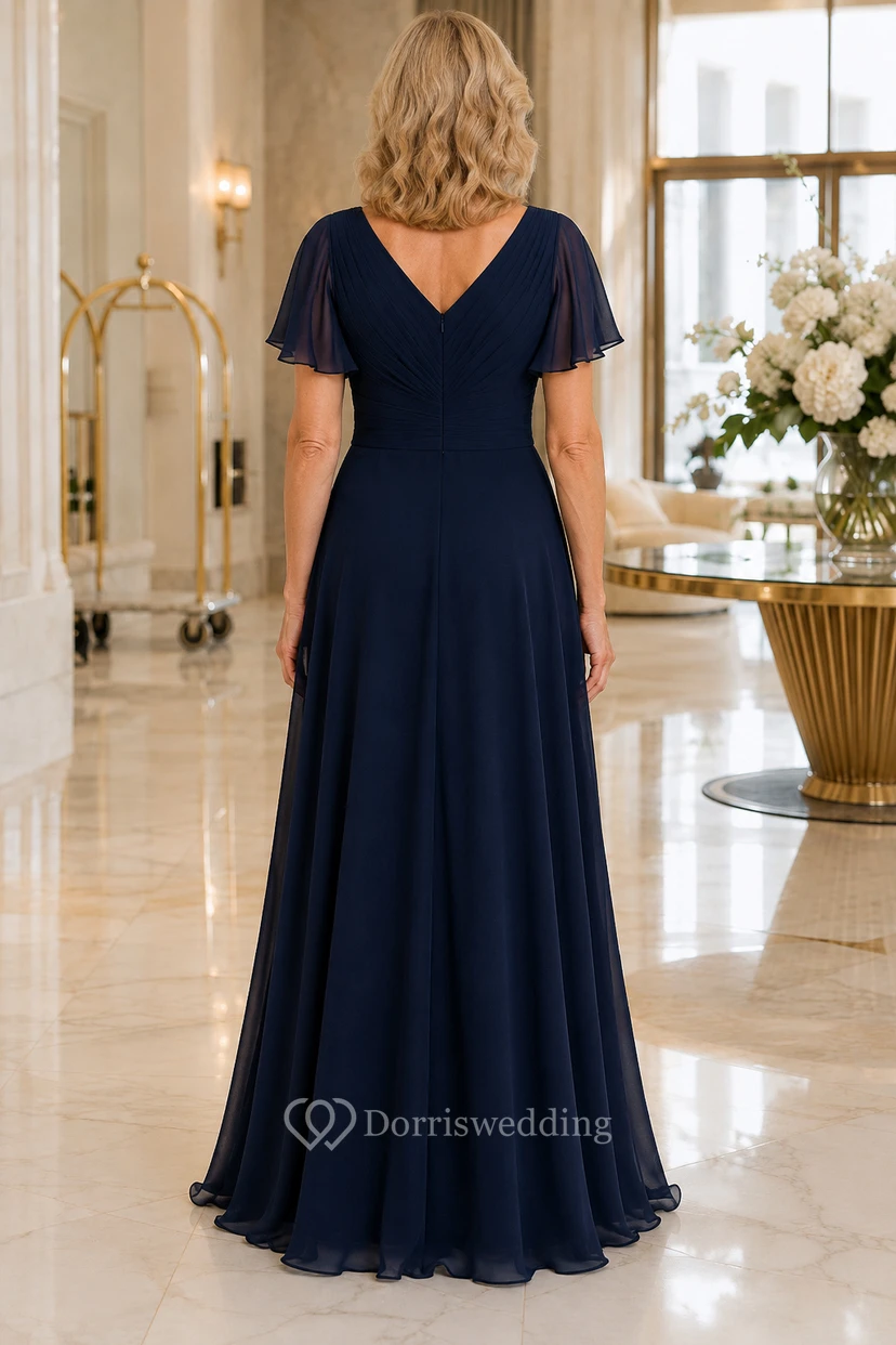 Dunkelblaues Chiffon-Kleid in A-Linie mit V-Ausschnitt und Volantärmeln view 2