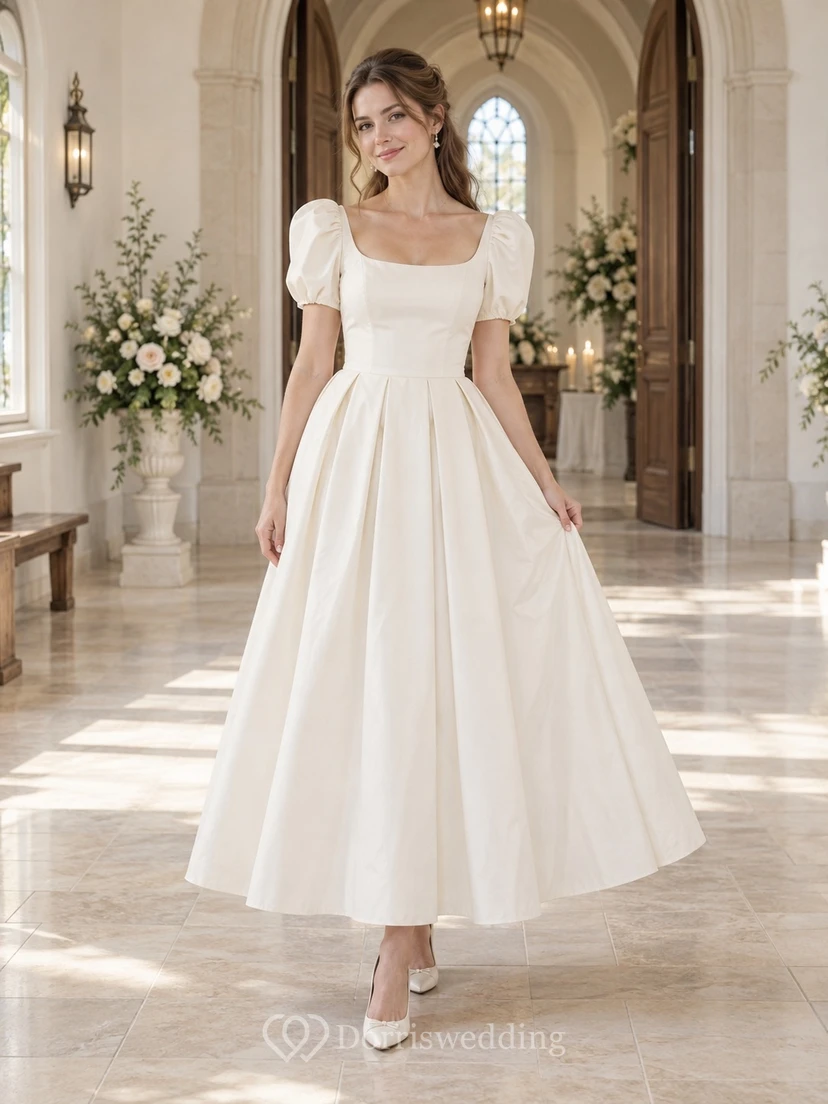 Einfaches, teelanges, rundhalsausschnittiges, kurzärmeliges, plissiertes A-Linien-Brautkleid aus Baumwollpopeline mit Faltenwurf