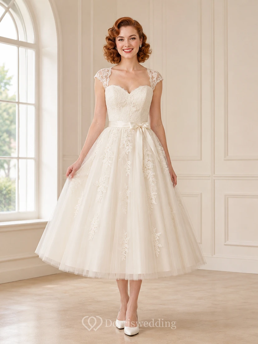 1950s Tea-Length Sweetheart Cap Sleeve Tulle Vintage Romantic Wedding Dress