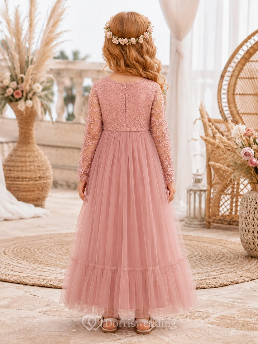 Blumenmädchenkleid, mauvefarbener Tüll, A-Linie, lange Ärmel, Rundhalsausschnitt, Teelänge view 2