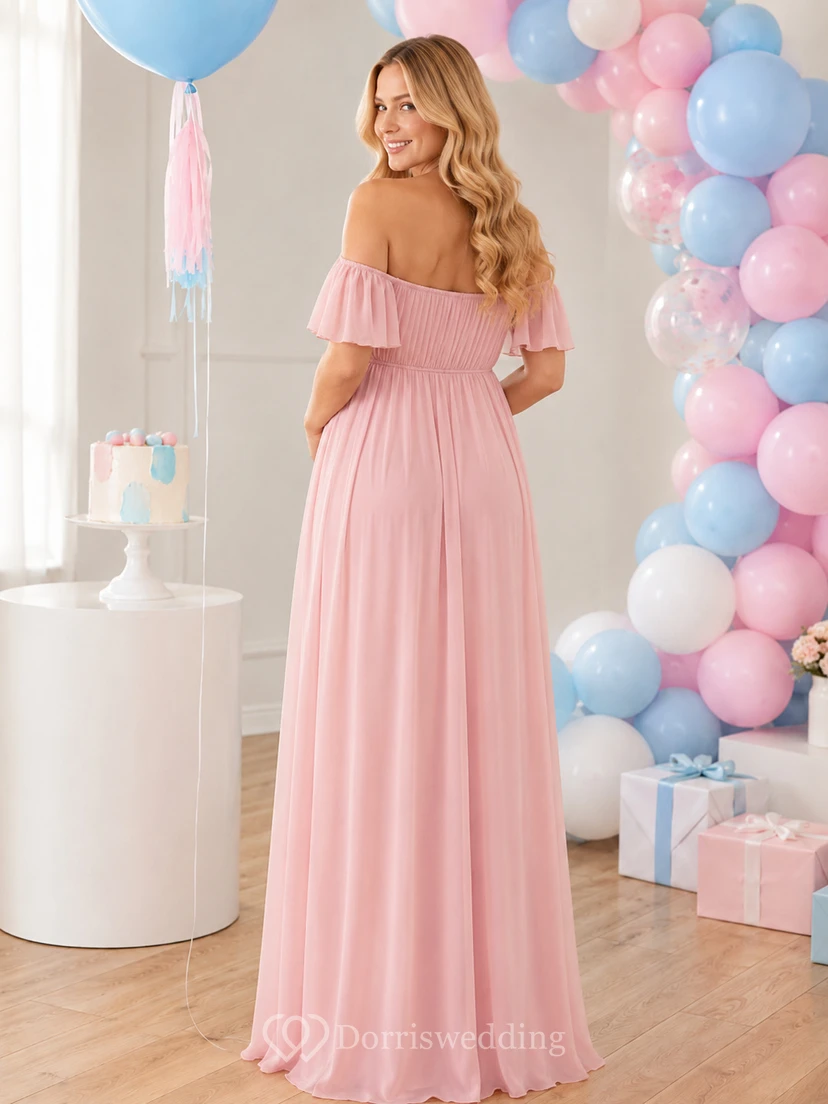 Zartrosa Umstandskleid zur Geschlechtsenthüllung, schulterfrei, herzförmiger Herzausschnitt, bodenlang, aus Chiffon view 2
