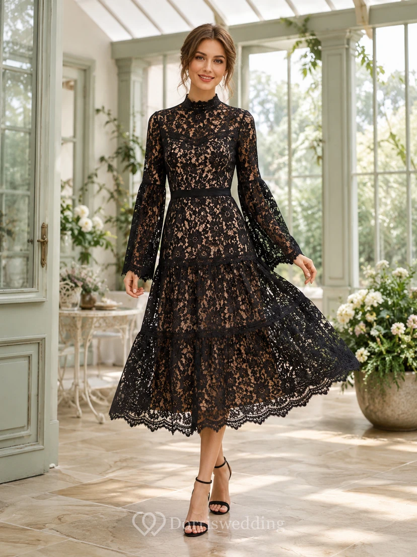 Bell Lace Black A-Line Tea-Length High-Neck Long-Sleeve Bohemian Guest Dress
