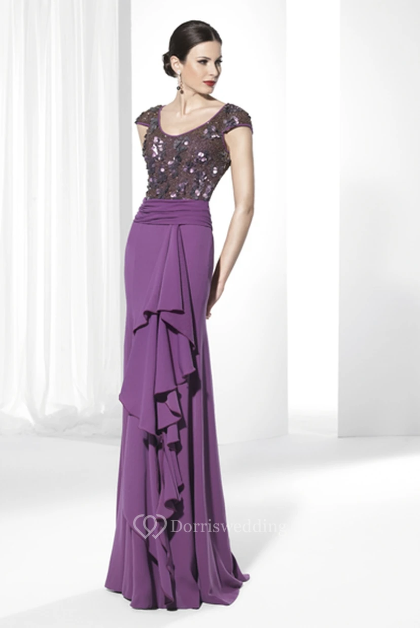 Sheath Maxi V-Neck Cap-Sleeve Sequined Jersey Prom Dress With Beading