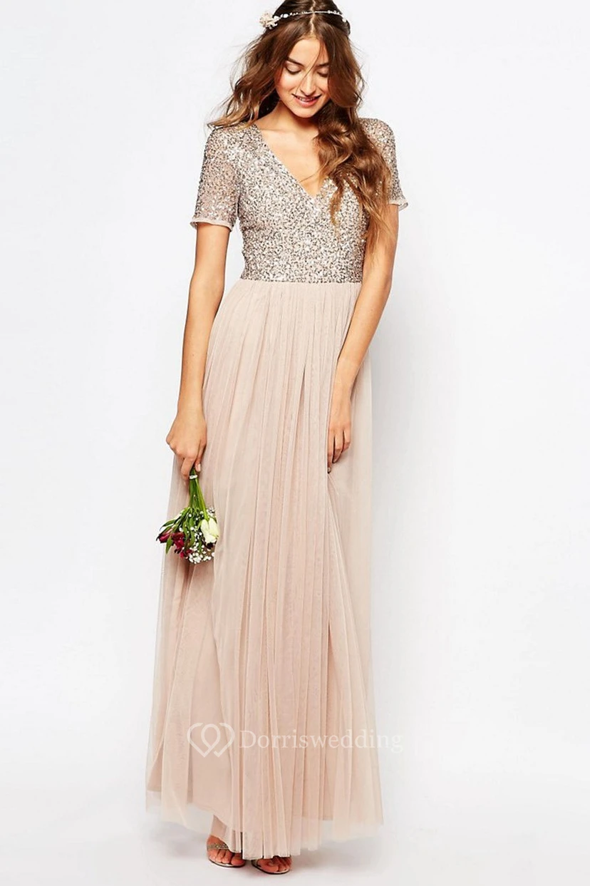 Ankle-Length V-Neck Sequined Short Sleeve Tulle Bridesmaid Dress With Pleats
