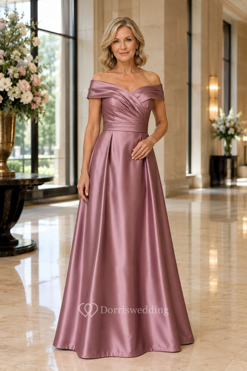 Altrosa Satin-Kleid mit schulterfreiem Ausschnitt und A-Linien-Schnitt für Mütter