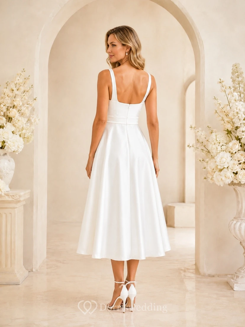 Schlichtes weißes Cocktailkleid mit eckigem Ausschnitt, A-Linie und Satin-Taille mit Bindeband view 2