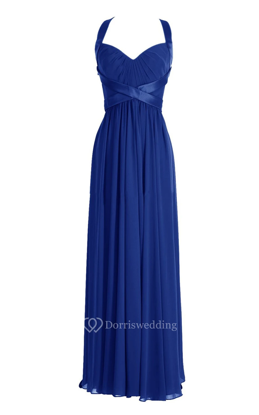 Halter Pleated Chiffon A-line Gown With Deep-v Back view 15