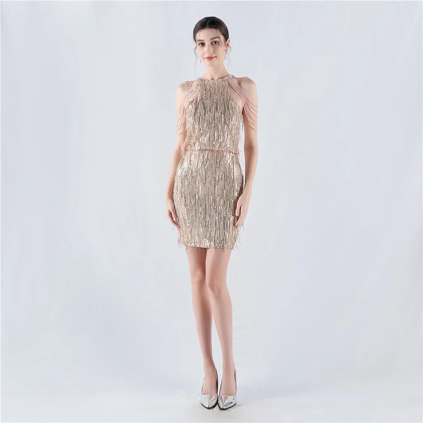 Tassel Sequined Halter Neck Beaded Sexy Hip-Wrapped Nightclub Short Dress video preview