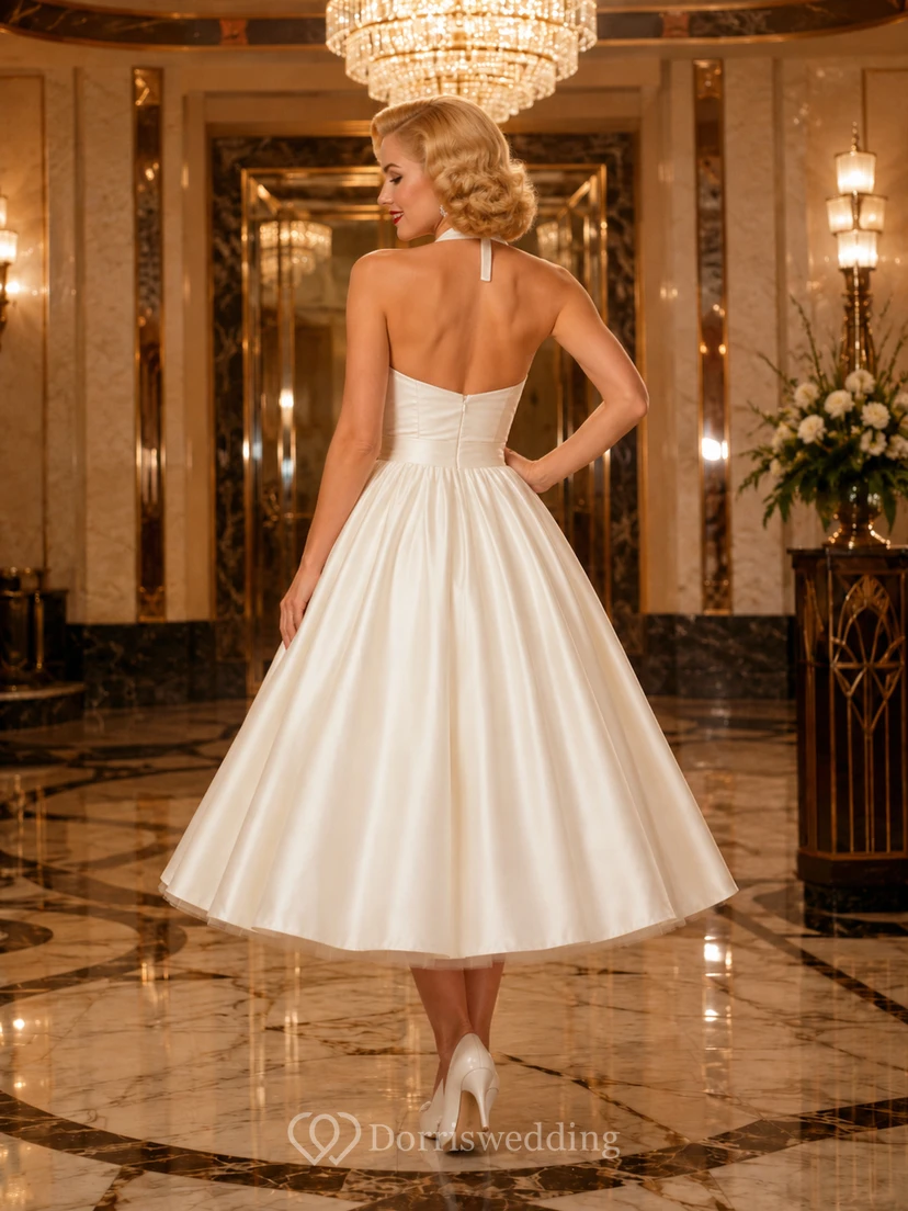 Retro Halter Satin Tea Length Hotel Bridal Dress view 2