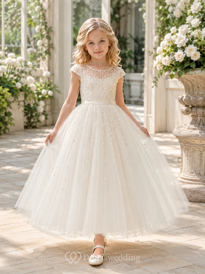 Flower Girl Dress Ivory Lace Tulle A-Line Jewel Neck Tea Length