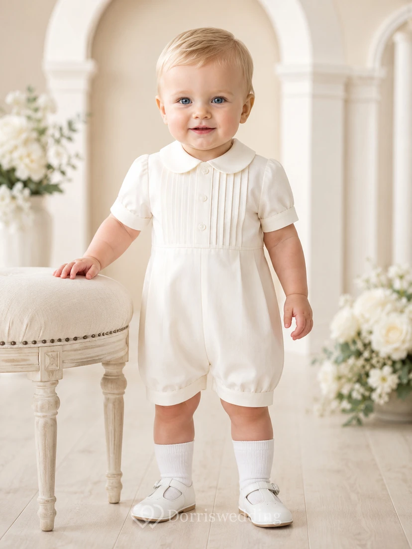Ivory Pintuck Button Bib Short Sleeve Christening Bubble Romper for Baby Boy