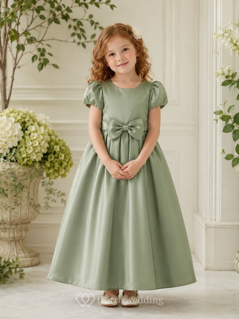 Robe de demoiselle d'honneur trapèze en satin sauge, col rond, manches bouffantes et nœud sur le devant