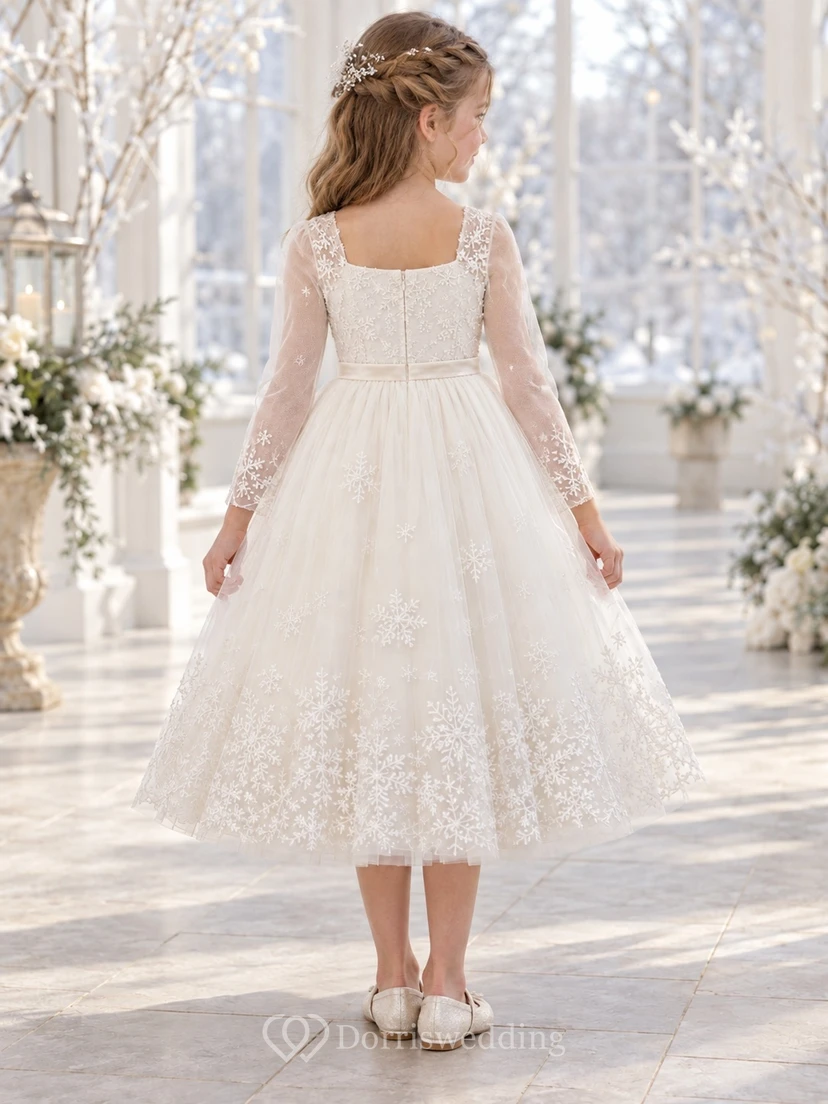 Ivory Tulle Square Neck Long Sleeve Snowflake Flower Girl Dress view 2