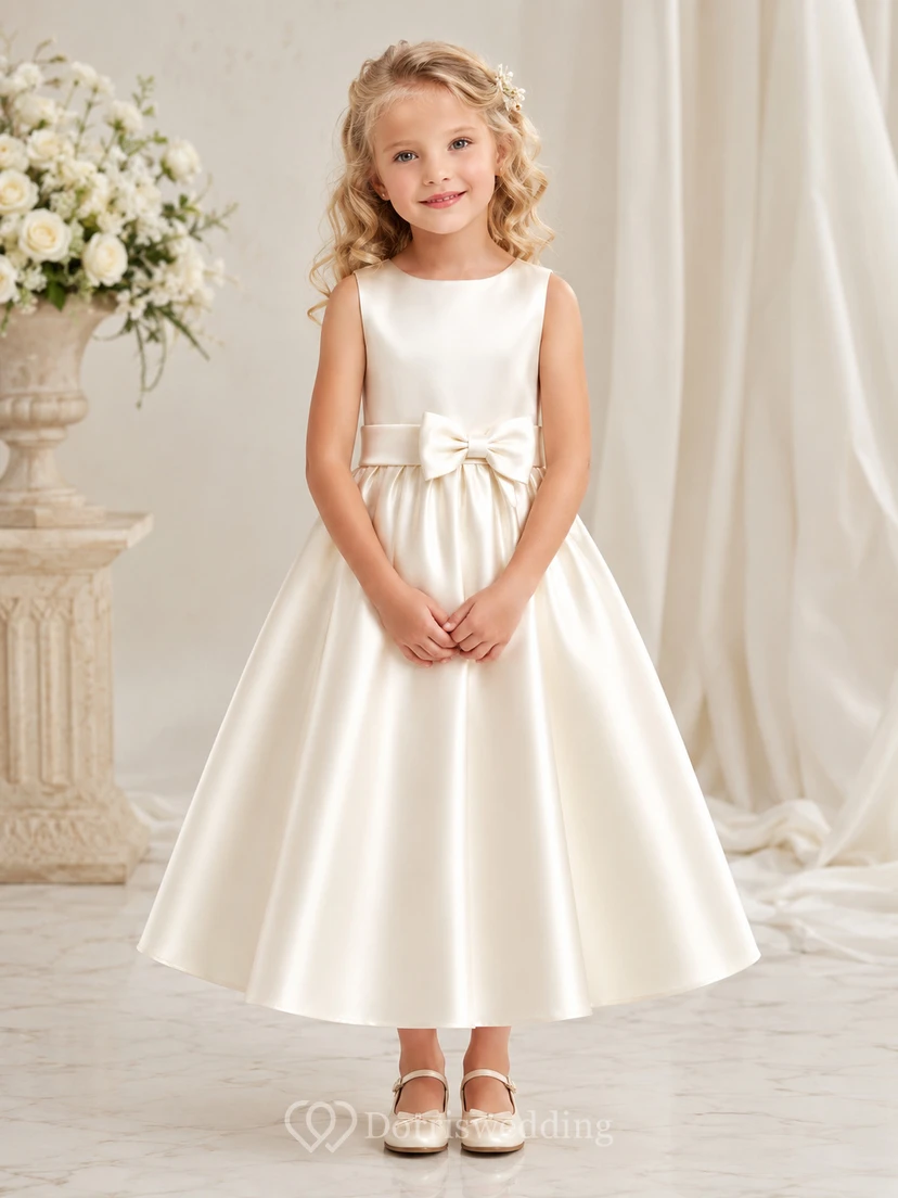 Blumenmädchenkleid aus elfenbeinfarbenem Satin, A-Linie, Rundhalsausschnitt, Teelänge, Schleifendetail