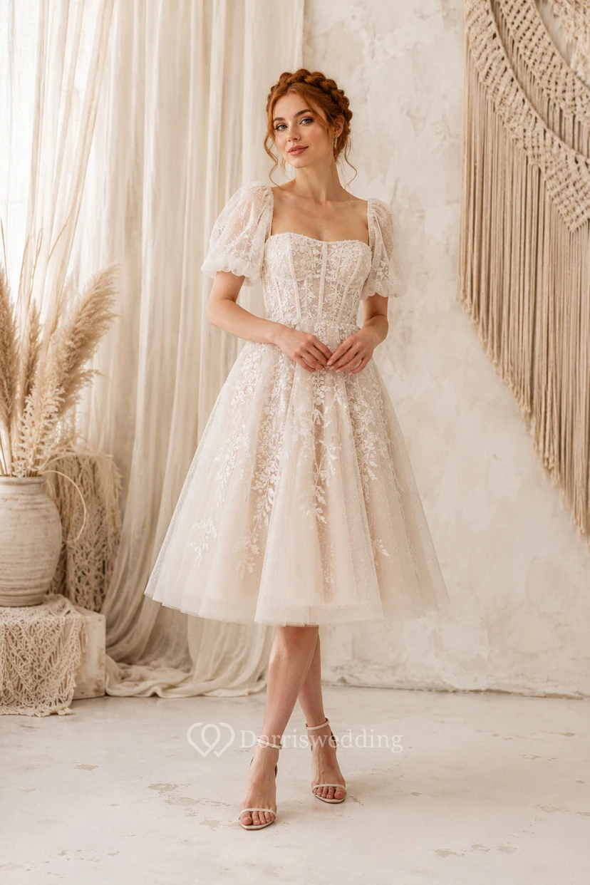 Robe de mariée élégante à col rond et manches courtes, longueur thé