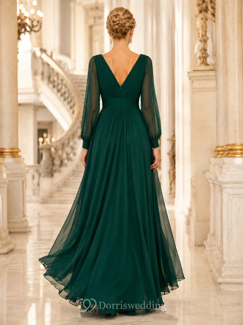 Dunkelgrünes, plissiertes Chiffon-Opernkleid mit V-Ausschnitt, langen Illusionsärmeln und Schleppe, A-Linien-Schnitt und Schleppe view 2