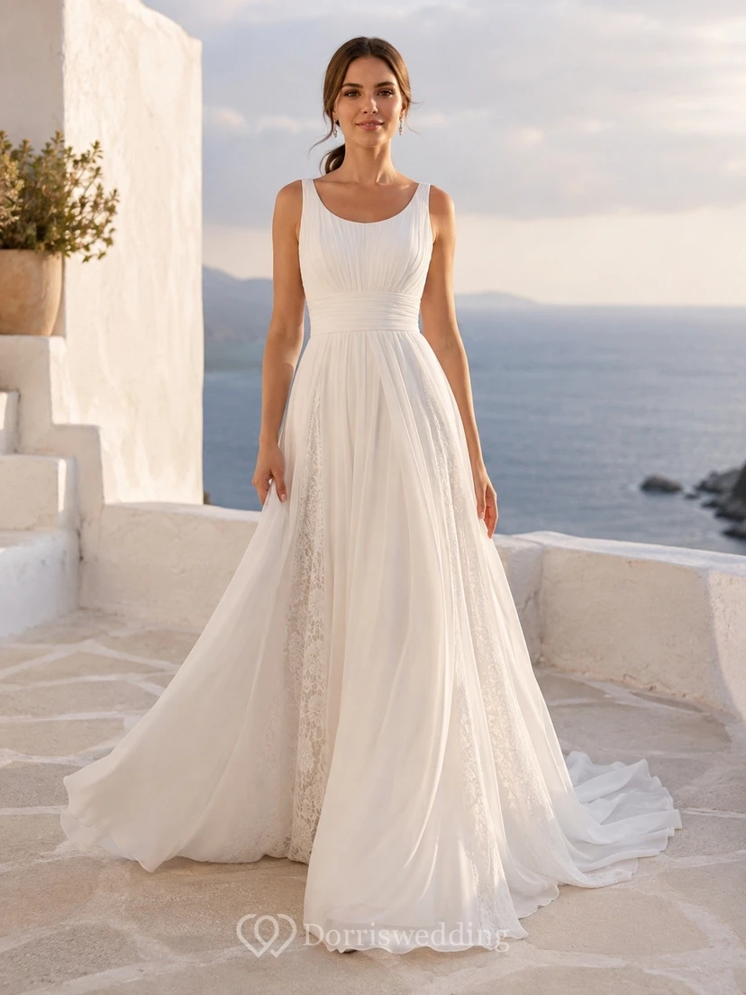 Vestido de novia sencillo de corte A con escote redondo y cola de barrido, ideal para la playa.