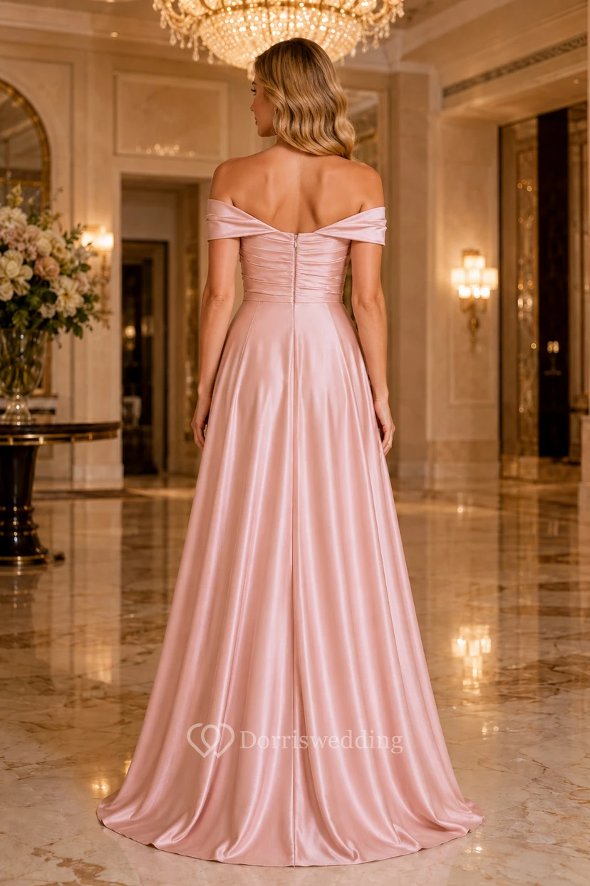 Plus Size Blushing Pink Satin Off-the-Shoulder A-Line Bridesmaid Dress with Ruched Bodice view 2