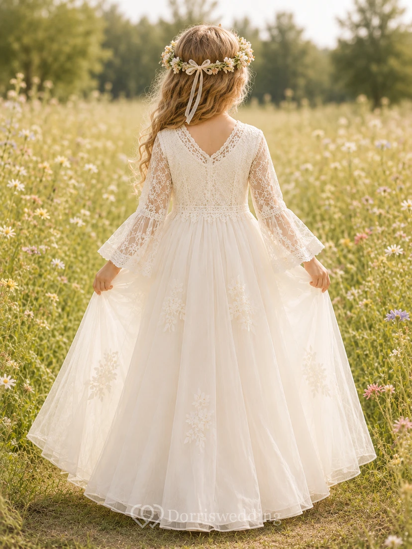 Vestido de niña de flores largo estilo bohemio romántico con corte en A, tul, encaje, mangas acampanadas y apliques florales. view 2