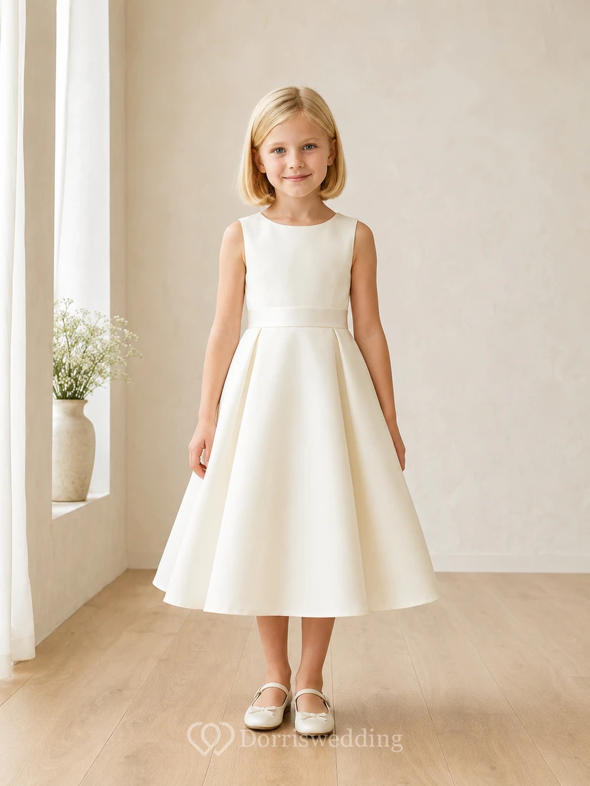 Blumenmädchenkleid aus elfenbeinfarbenem Satin, A-Linie, Rundhalsausschnitt, Teelänge, Schleifendetail