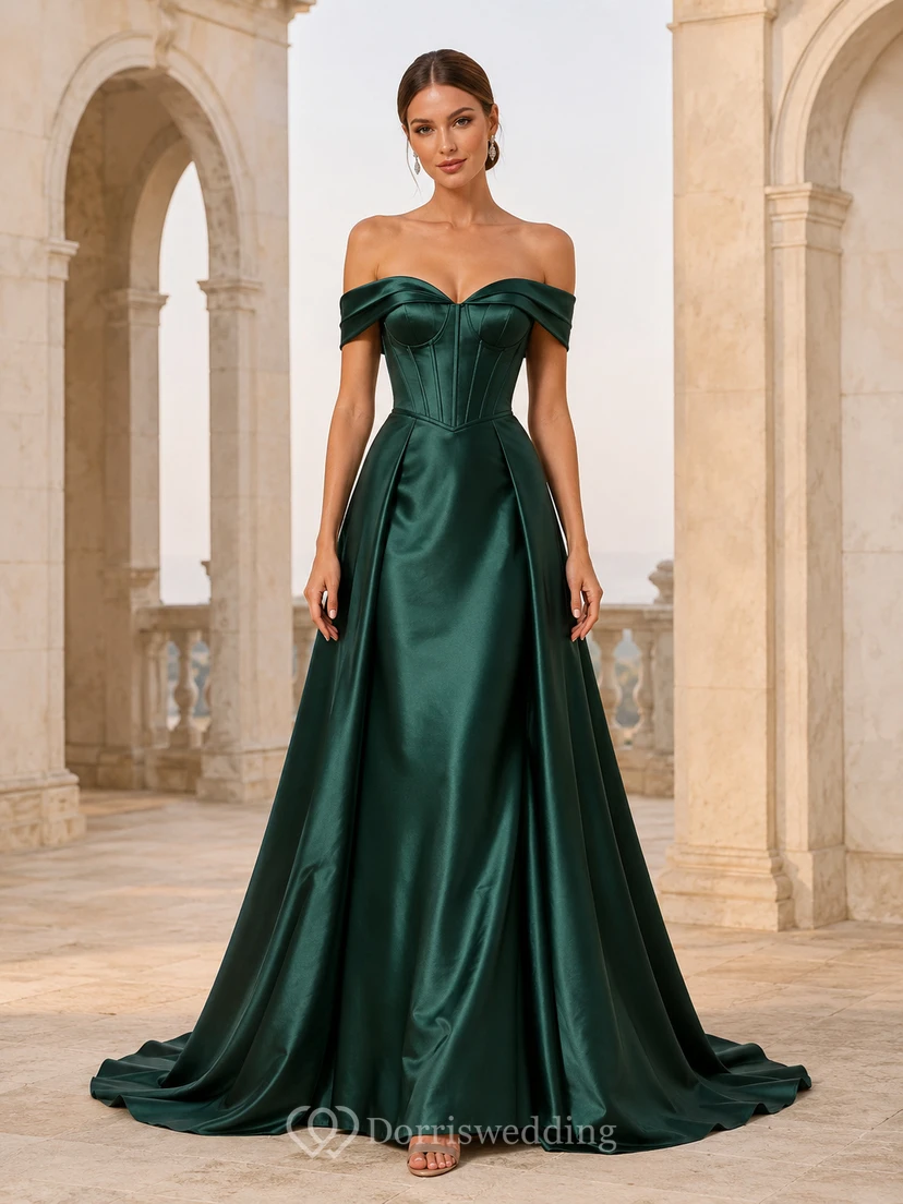 Elegantes dunkelgrünes Satin-Abendkleid in A-Linie, bodenlang, schulterfrei, mit Korsett-Set