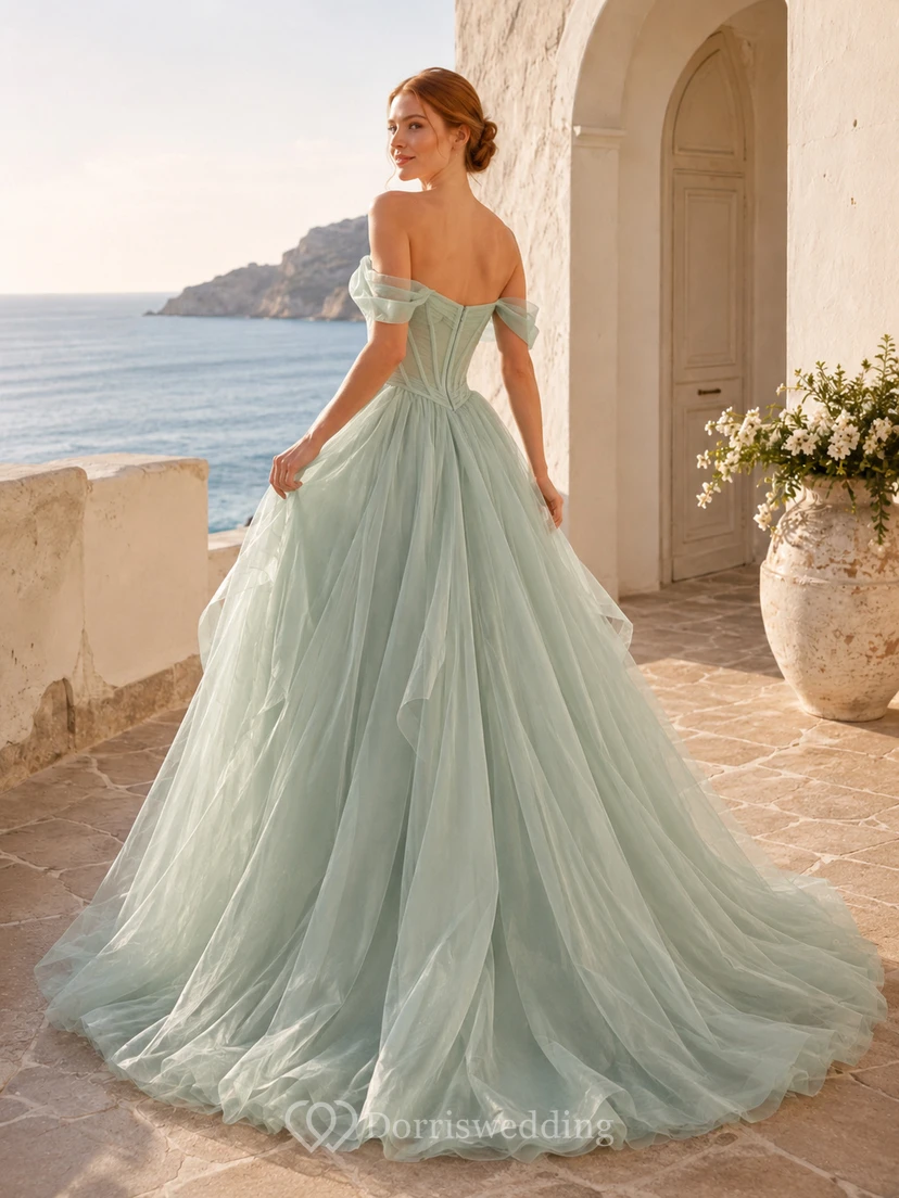 Mint Green Off Shoulder Corset Tiered Organza Ball Gown Wedding Dress view 2
