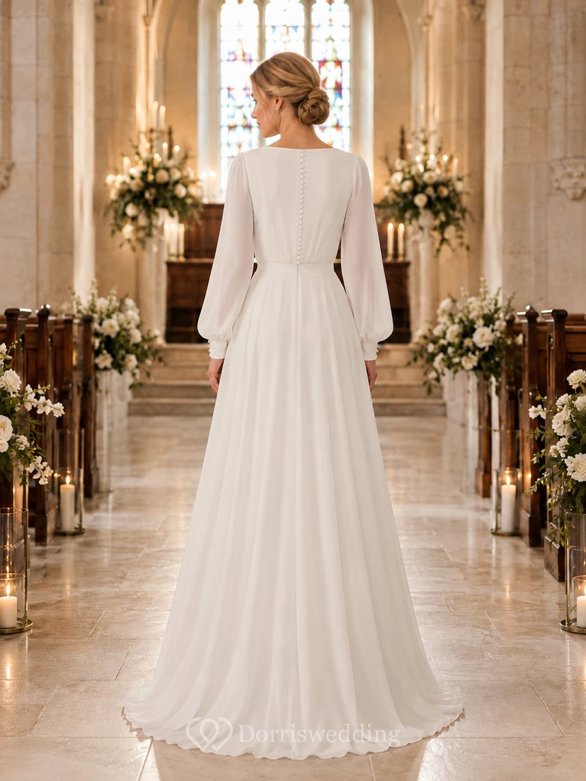 Schlichtes Chiffon-Hochzeitskleid mit langen Ärmeln und Schmuckkragen view 2