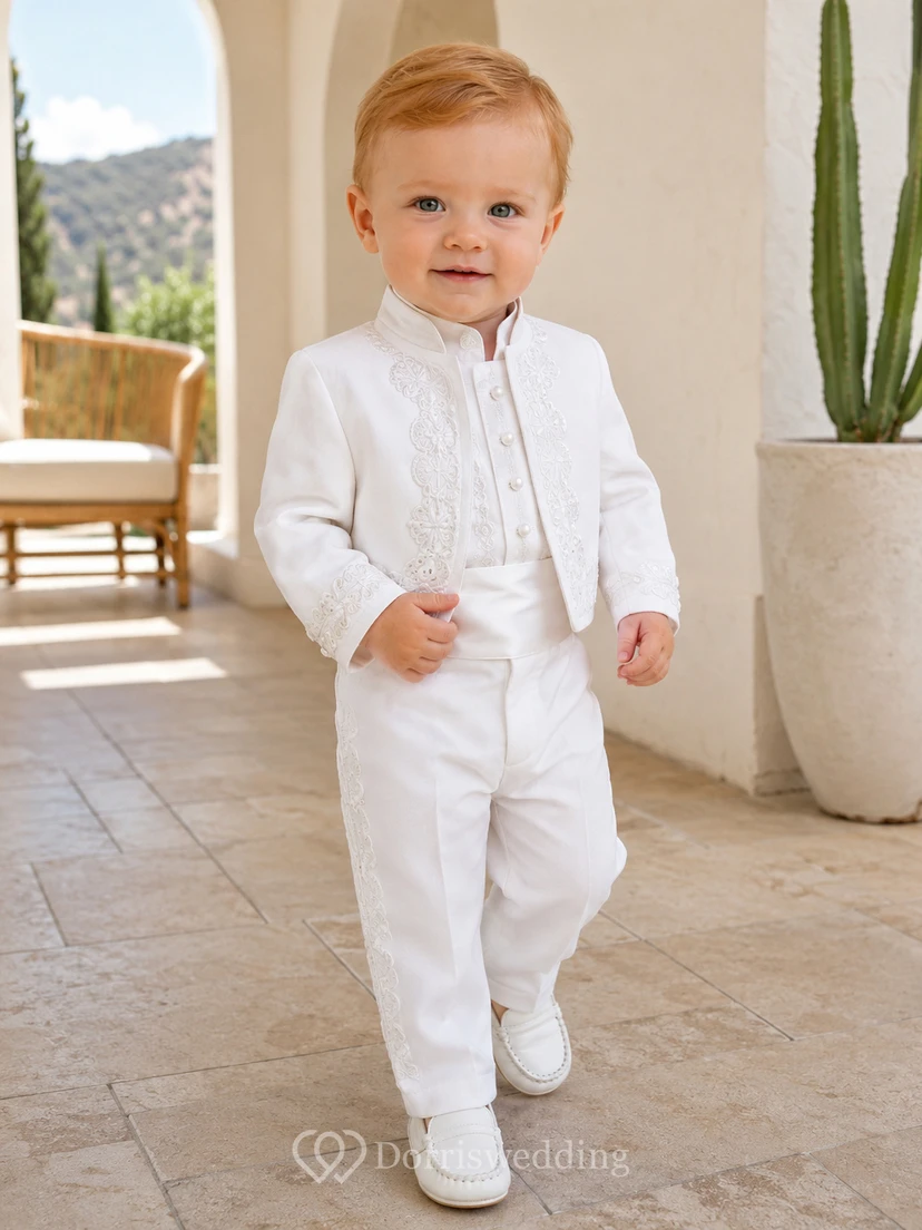 Luxury White Long Sleeve Embroidered Charro Waistcoat Baby Bautizo Suit