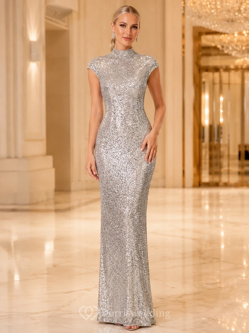Silver High Neck Sequin Cap Sleeve Evening Dress