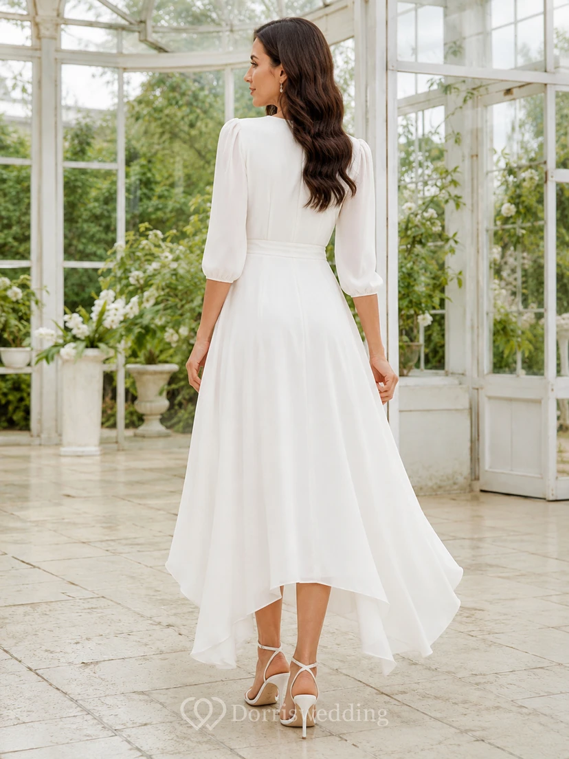 Elegant Civil Chiffon A Line Wrap V Neck High Low Wedding Dress view 2