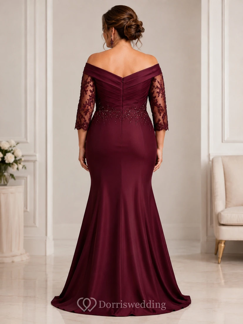 Burgundy Off Shoulder Mermaid Mother Gown Burgundy Off-the-shoulder Sweetheart Mermaid Floor-length Sweep Train view 2