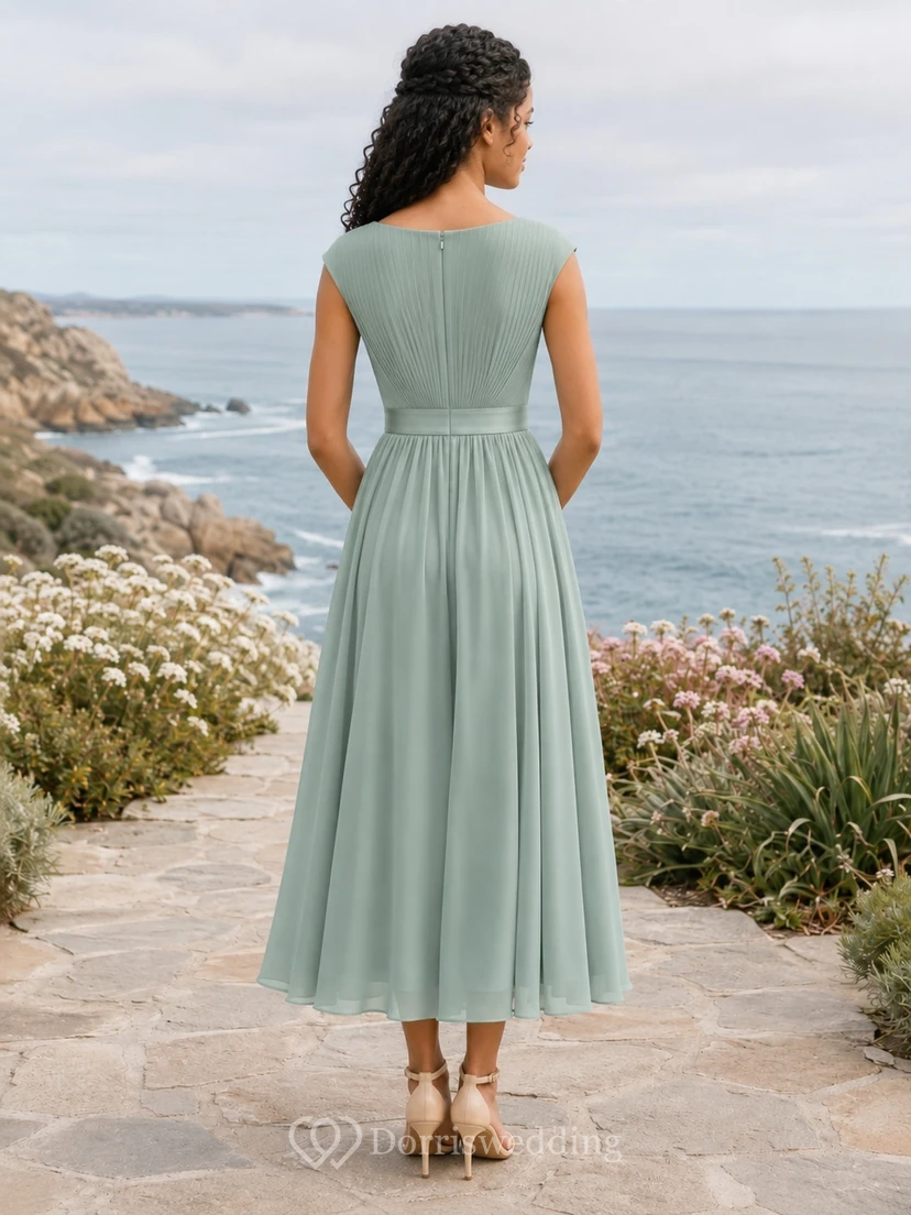 Celadonfarbenes Brautjungfernkleid für junge Damen, A-Linie, mit Schmucksteinen, kurzen Flügelärmeln, Teelänge, Falten, romantisch view 2
